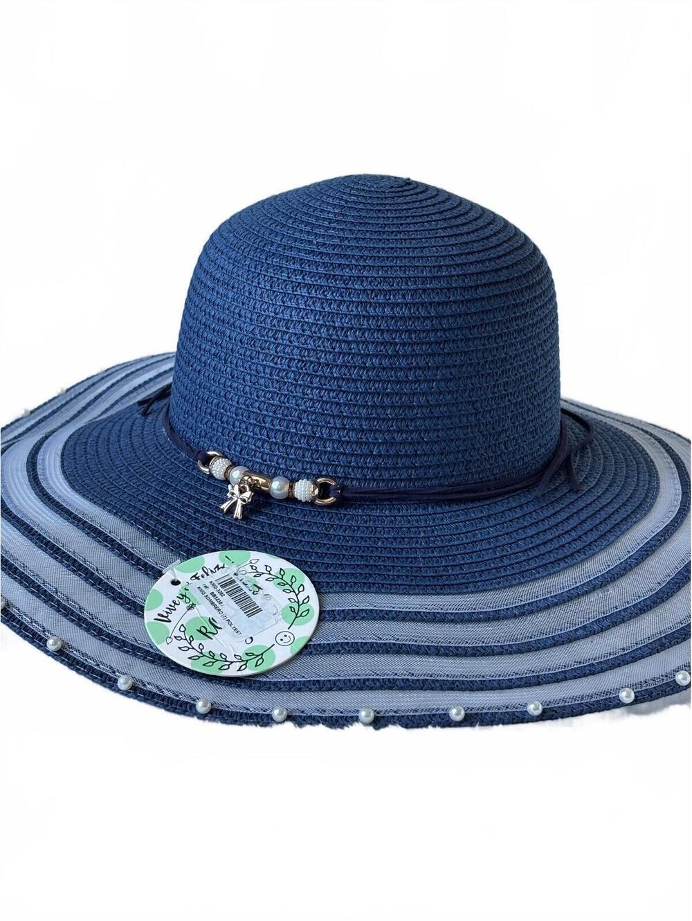 NWT Womens Navy Wide Brim Straw Sun Hat Sheer Stripe Pearl Trim Floppy Beach Hat